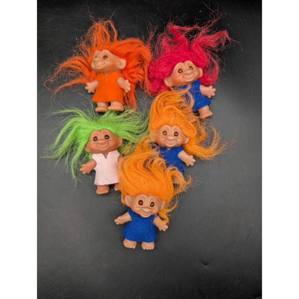 Vintage 1980s 90s Thomas Dam Troll Doll Small Orange Red Green Hair Lot of 5